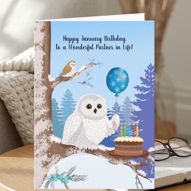 Tarjeta Life Partner Happy January Birthday Snowy Owl (Subido por el creador)