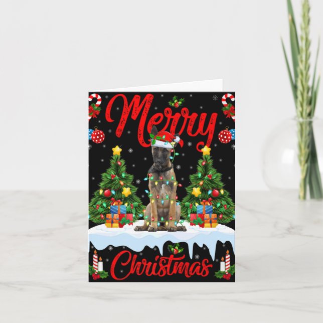 Tarjeta Lights Xmas Tree Santa Belgian Malinois Dog Christ (Anverso)
