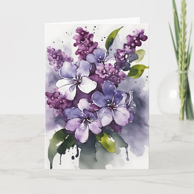 Tarjeta Lila - Flores de acuarela (Anverso)