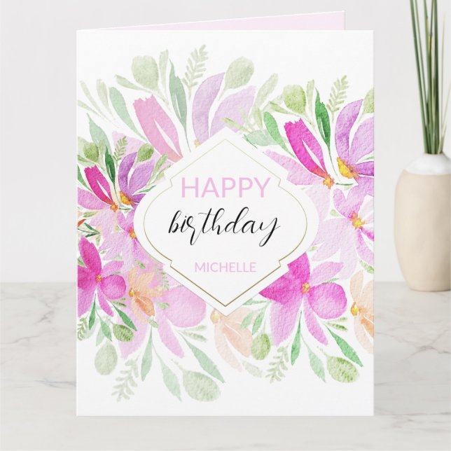 Tarjeta Lila Rosa Moderno Boho Floral Acuarela (Anverso)