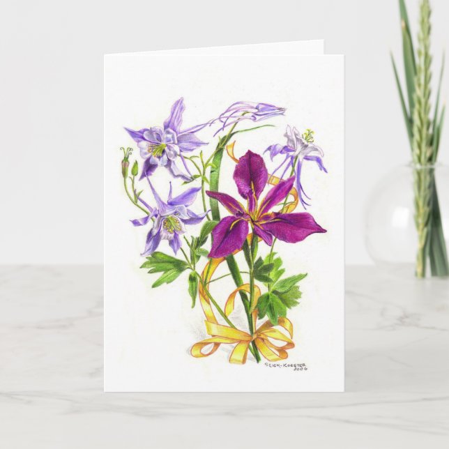 Tarjeta Lilac Columbines y Iris Morado sin Corazón (Anverso)
