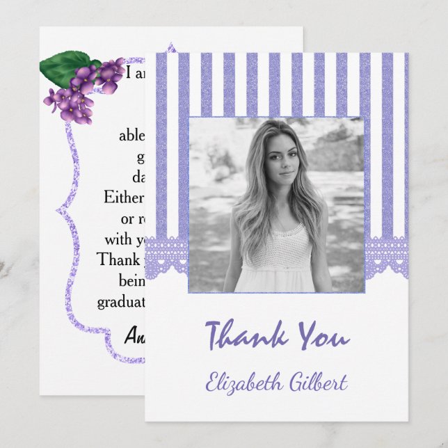Tarjeta Lilac Floral Photo Graduation (Anverso / Reverso)