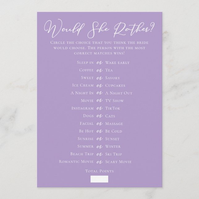 Tarjeta Lilac Purple Downloadable Bridal Shower Guess Game (Anverso)