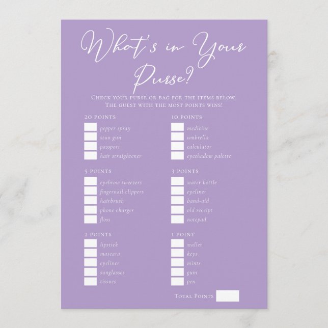 Tarjeta Lilac Purple Purse Items Bridal Shower Game (Anverso)