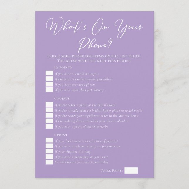 Tarjeta Lilac Purple What's On Your Phone Bridal Shower (Anverso)