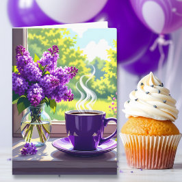 Tarjeta Lilacs morado y la hija feliz de cumpleaños del ca
