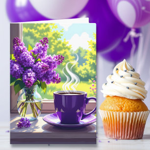 Tarjeta Lilacs morado y la hija feliz de cumpleaños del ca