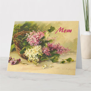 Tarjeta Lilacs vintage en la cesta grande del día de la ma