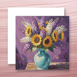 Tarjeta Lilas y Girasoles   Diseño Botánico en Blanco