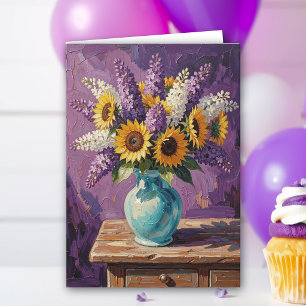 Tarjeta Lilas y Girasoles Feliz Cumpleaños Tía