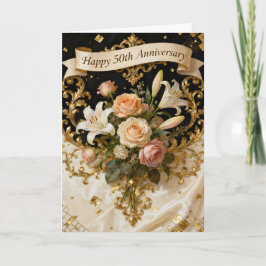 Tarjeta  Lilies Roses and Gold 50th Wedding Anniversary