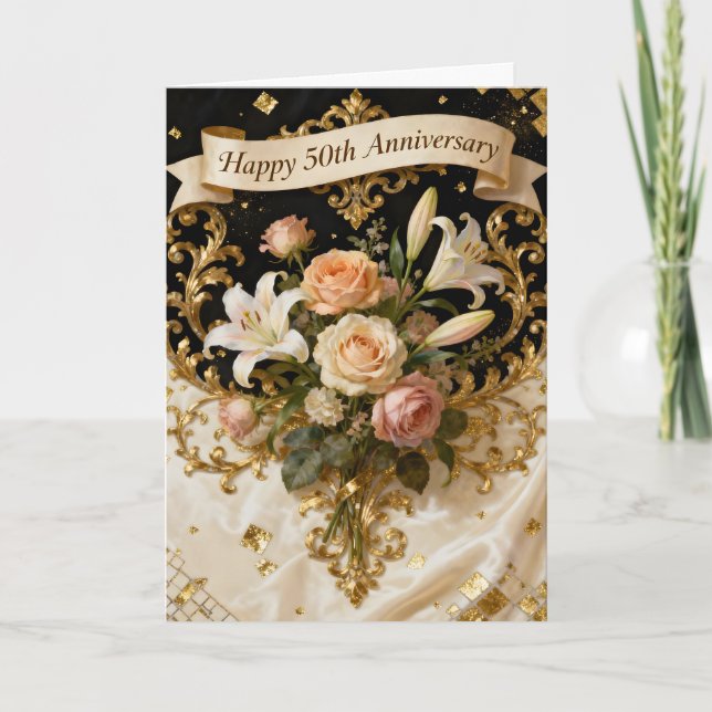 Tarjeta  Lilies Roses and Gold 50th Wedding Anniversary (Anverso)