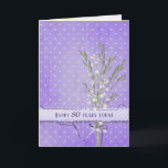 Tarjeta Lily of the Valley Bouquet 80th birthday<br><div class="desc">Lily of the valley bouquet with ribbon on purple pin dot background for 80th birthday.
Age can be edited.</div>