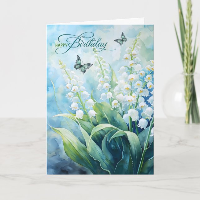 Tarjeta Lily of the Valley Garden Butterflies Cumpleaños (Anverso)