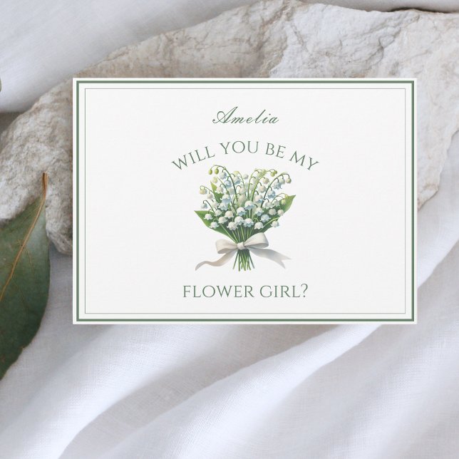 Tarjeta Lily personalizada de la chica de flor de vaca en  (Personalized flower girl card with a lily of the valley design, perfect for chic garden wedding.)