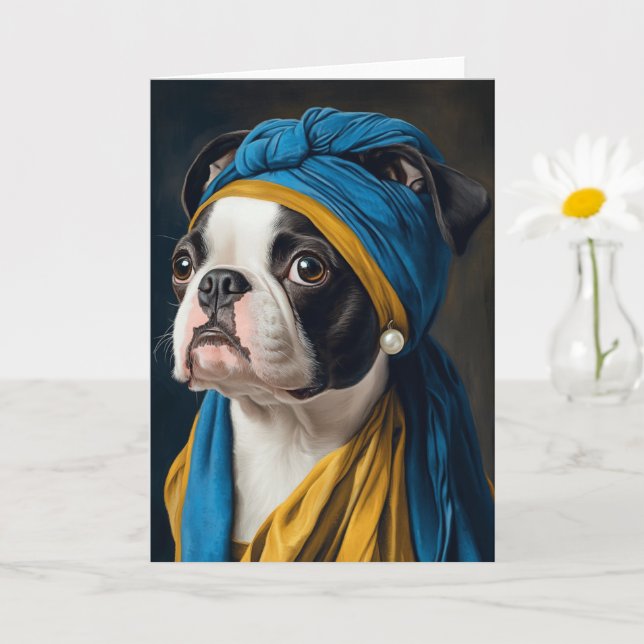 Tarjeta Linda Boston Terrier Perla Pendiente Todas las Oca (Planta pequeña)