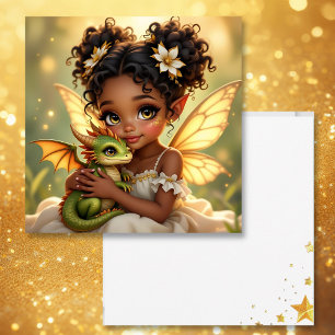 Tarjeta Linda chica hada de anime y dragón chibi
