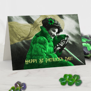 Tarjeta Linda Chica Verde Vintage del Día de San Patricio 