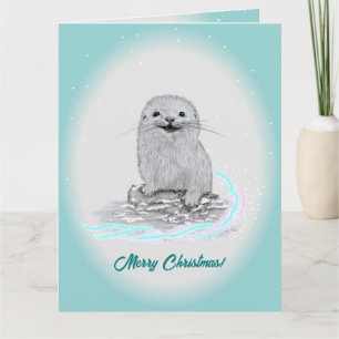 Tarjeta Linda cría de nutria de mar blanca, Feliz Navidad
