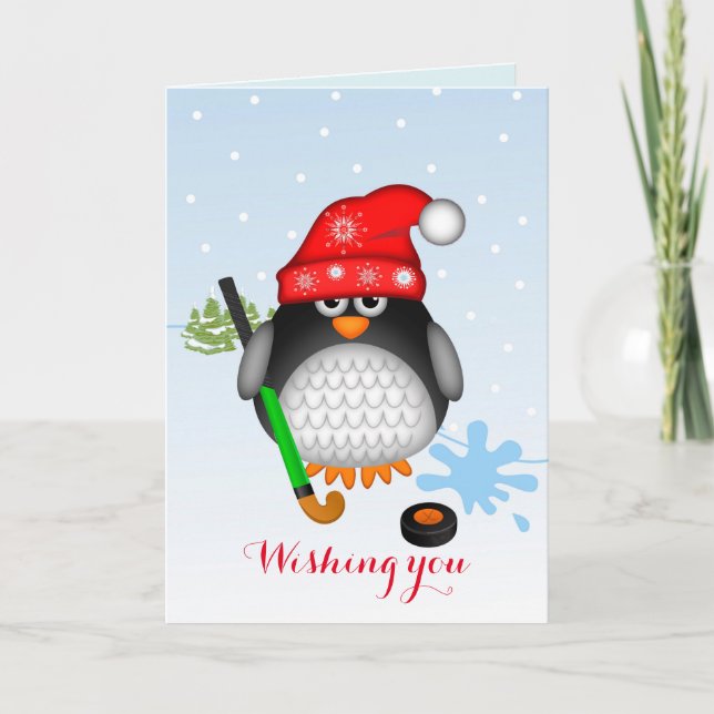 Tarjeta linda del pingüino del hockey del navidad (Anverso)