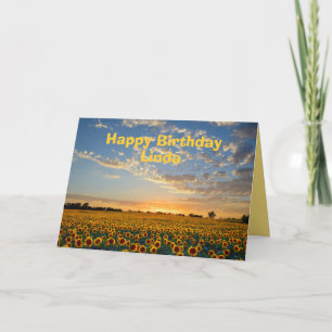 Tarjeta Linda feliz cumpleaños girasoles al atardecer