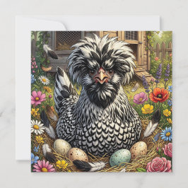 Tarjeta Linda gallina polaca negra y blanca