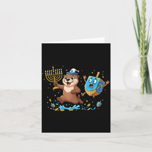 Tarjeta Linda Menorah Dreidel de nutria divertida para niñ