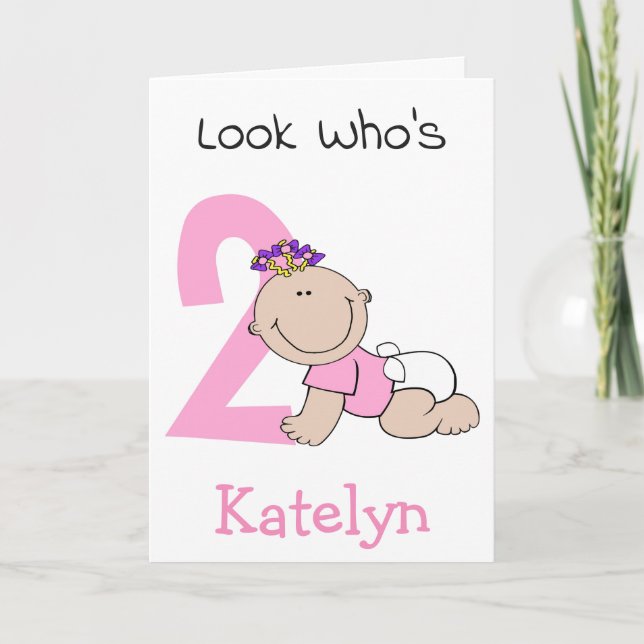 Tarjeta Linda Niña Bebé de Dibujos Animados Cumpleaños 2 (Anverso)