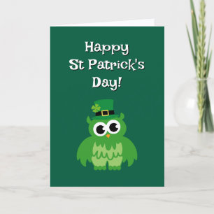 Tarjeta Lindo búho duende verde Día de San Patricio
