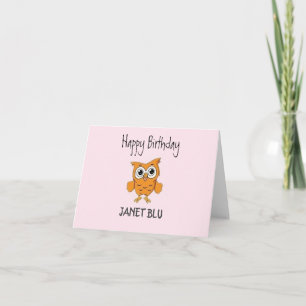 Tarjeta Lindo búho naranja feliz cumpleaños sobre rosa