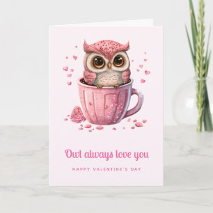 Tarjeta Lindo búho rosa en una taza día de San Valentín