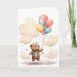 Tarjeta Lindo cachorro de oso en acuarela flotando en el a