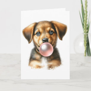 Tarjeta Lindo cachorro marrón soplando chicle en blanco