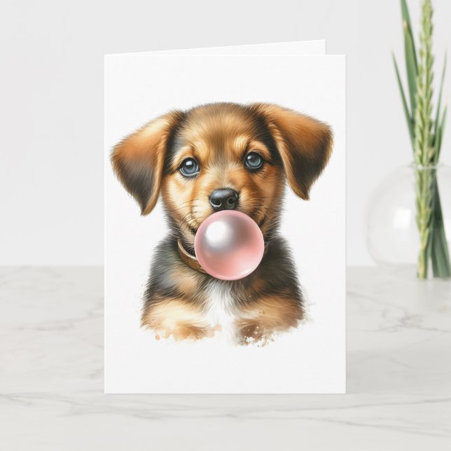 Tarjeta Lindo cachorro marrón soplando chicle en blanco (Anverso)