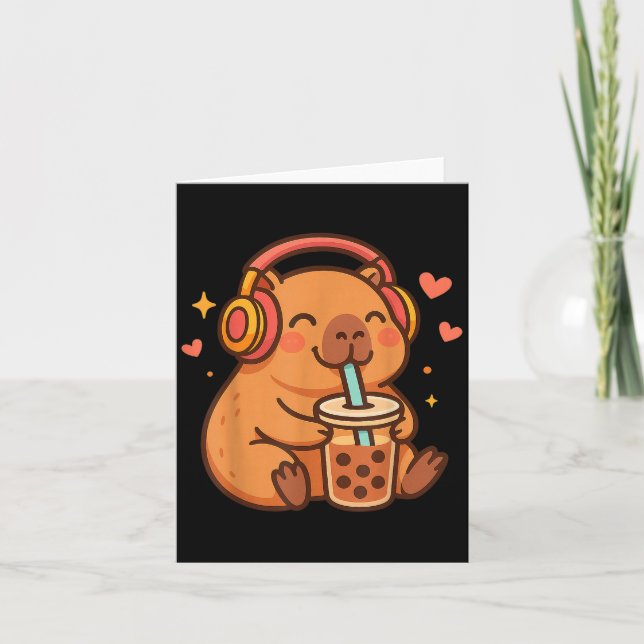 Tarjeta Lindo capybara Kawaii Anime bebiendo té de burbuja (Anverso)