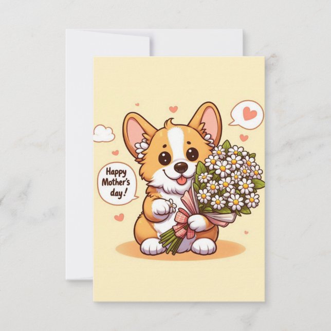 Tarjeta Lindo Corgi de Dibujos Animados con Margaritas Fel (Anverso)