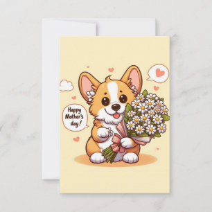 Tarjeta Lindo Corgi de Dibujos Animados con Margaritas Fel