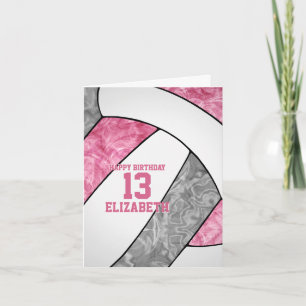 Tarjeta lindo cumpleaños de voleibol gris rosado
