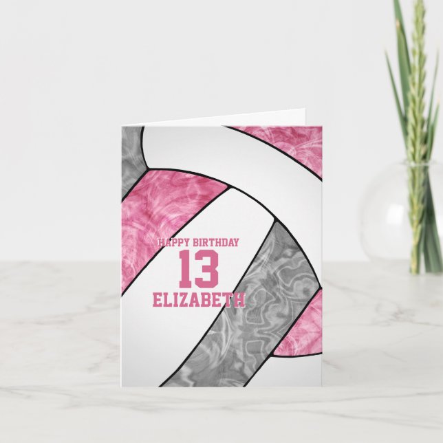Tarjeta lindo cumpleaños de voleibol gris rosado (Anverso)