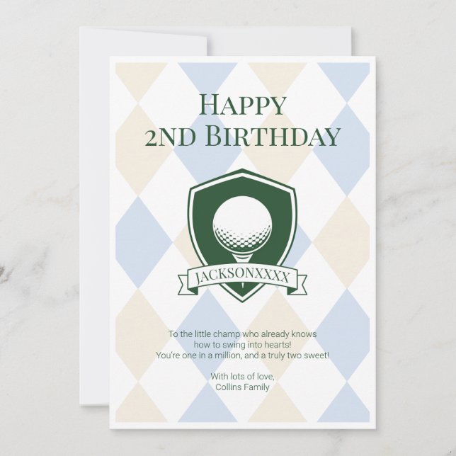 Tarjeta Lindo Cumpleaños Golf Azul Moderno Niños Feliz 2do (Anverso)