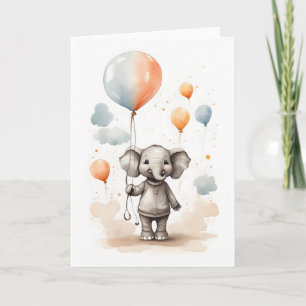 Tarjeta Lindo elefante acuarela globos rojos azules en bla