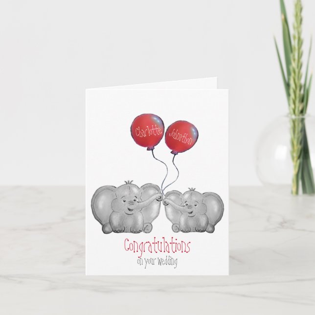 Tarjeta lindo elefante recién casado boda de felicitacione (Anverso)