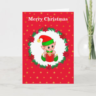 Tarjeta Lindo elfo de Navidad, corona de pino y estrellas