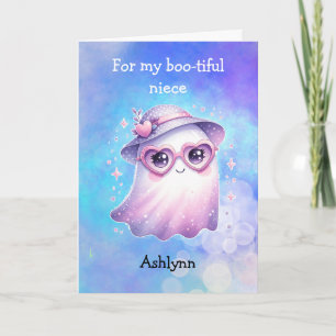 Tarjeta Lindo Fantasma Morado Boo Halloween para Sobrina