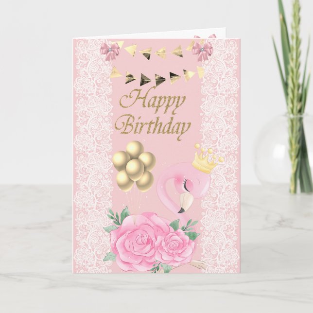 Tarjeta Lindo Flamingo Rosa Bebé, Diadema, Globos Cumpleañ (Anverso)