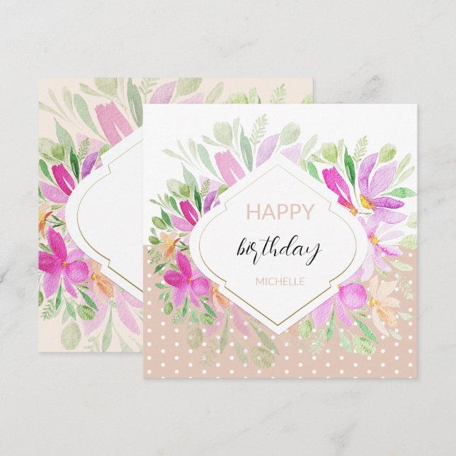 Tarjeta Lindo Floral Acuarela Boho Lila Rosa (Anverso / Reverso)