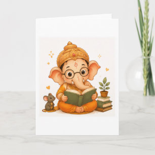 Tarjeta Lindo Ganesha Leyendo Libro Ganesh Chaturthi