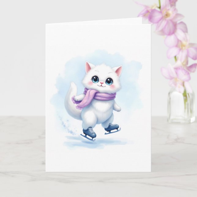 Tarjeta Lindo Gatito Blanco de Invierno Patinaje sobre Hie (Orquídea)