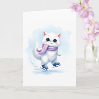 Tarjeta Lindo Gatito Blanco de Invierno Patinaje sobre Hie