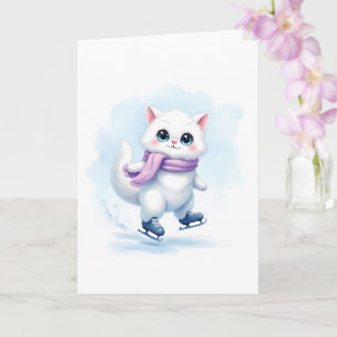 Tarjeta Lindo Gatito Blanco de Invierno Patinando sobre Hi